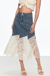 Cain Lace Denim Midi Etek